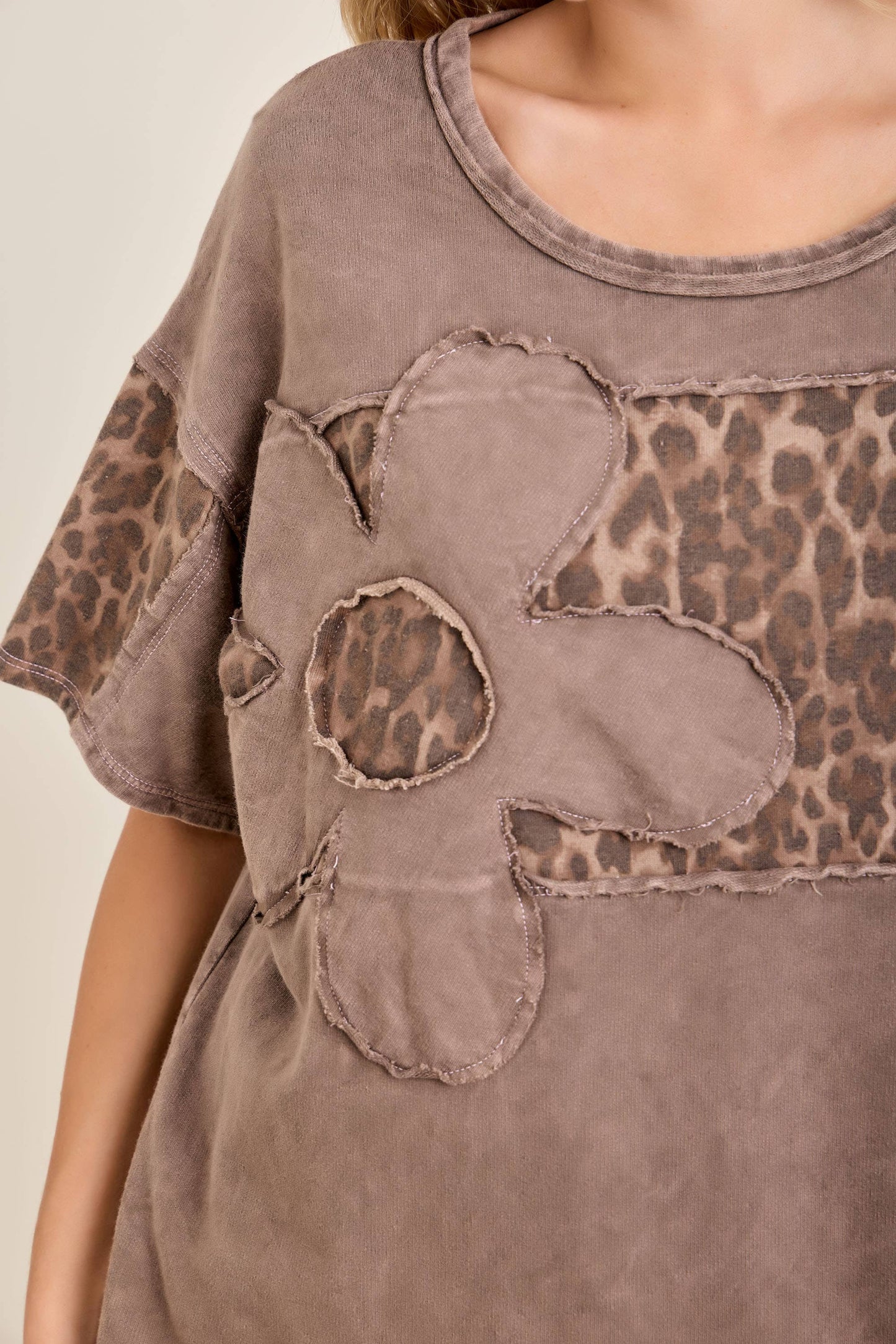 Mineral Washed Leopard Cheetah Daisy Patched Top