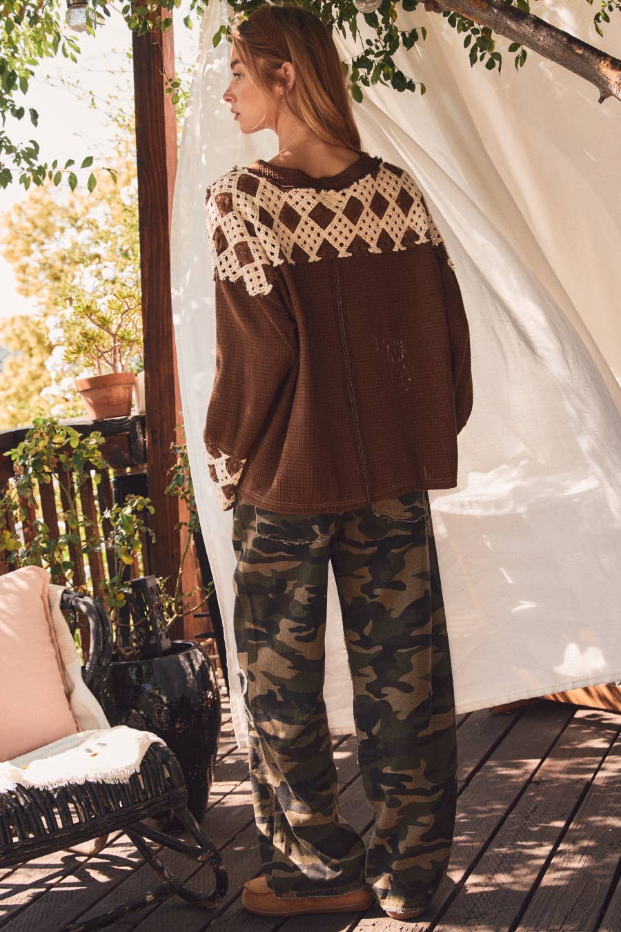Patchwork Crochet Sleeve Waffle Knit