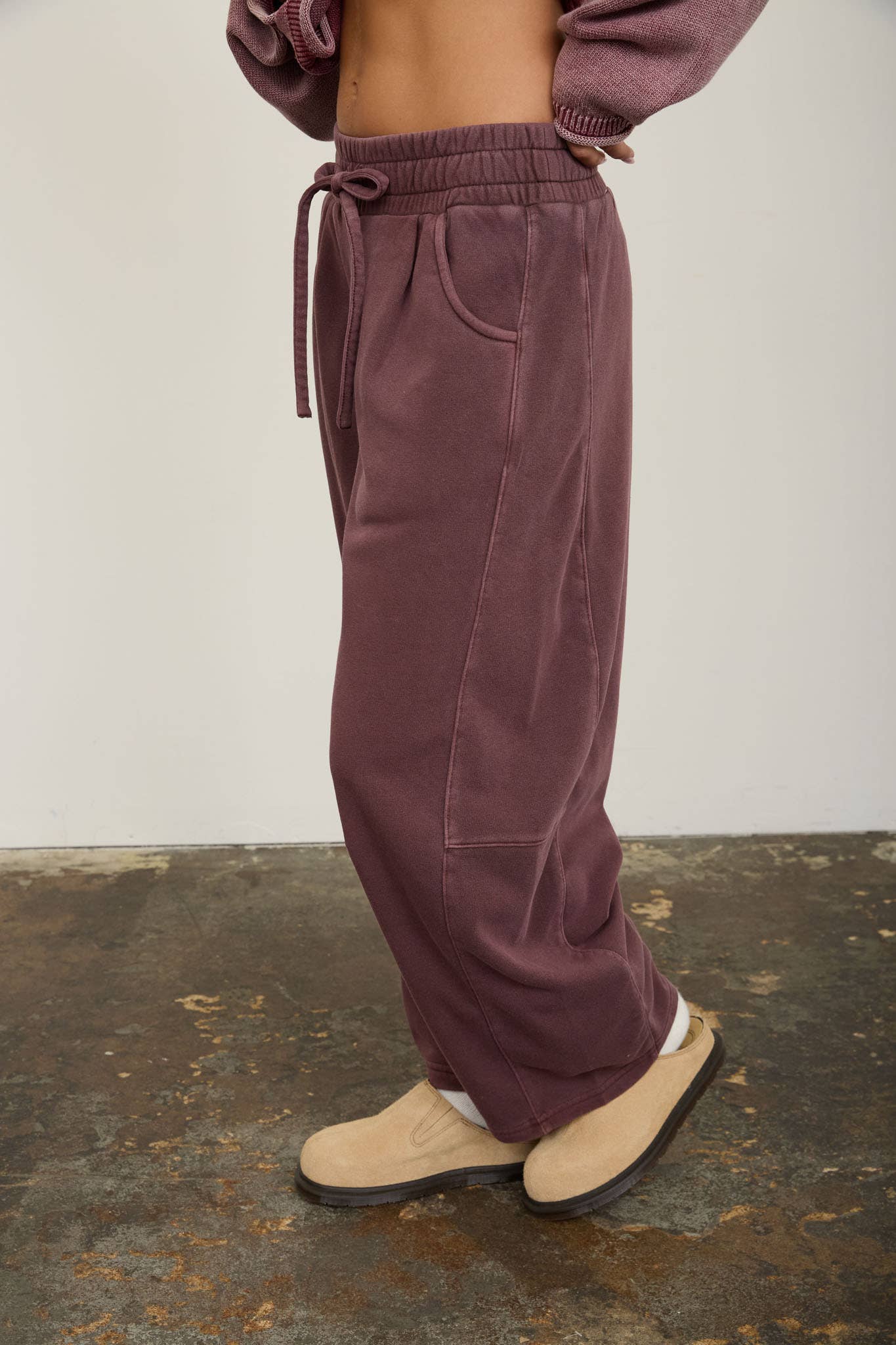 Smocked Waist Drawstring Barrel-Leg Sweatpants