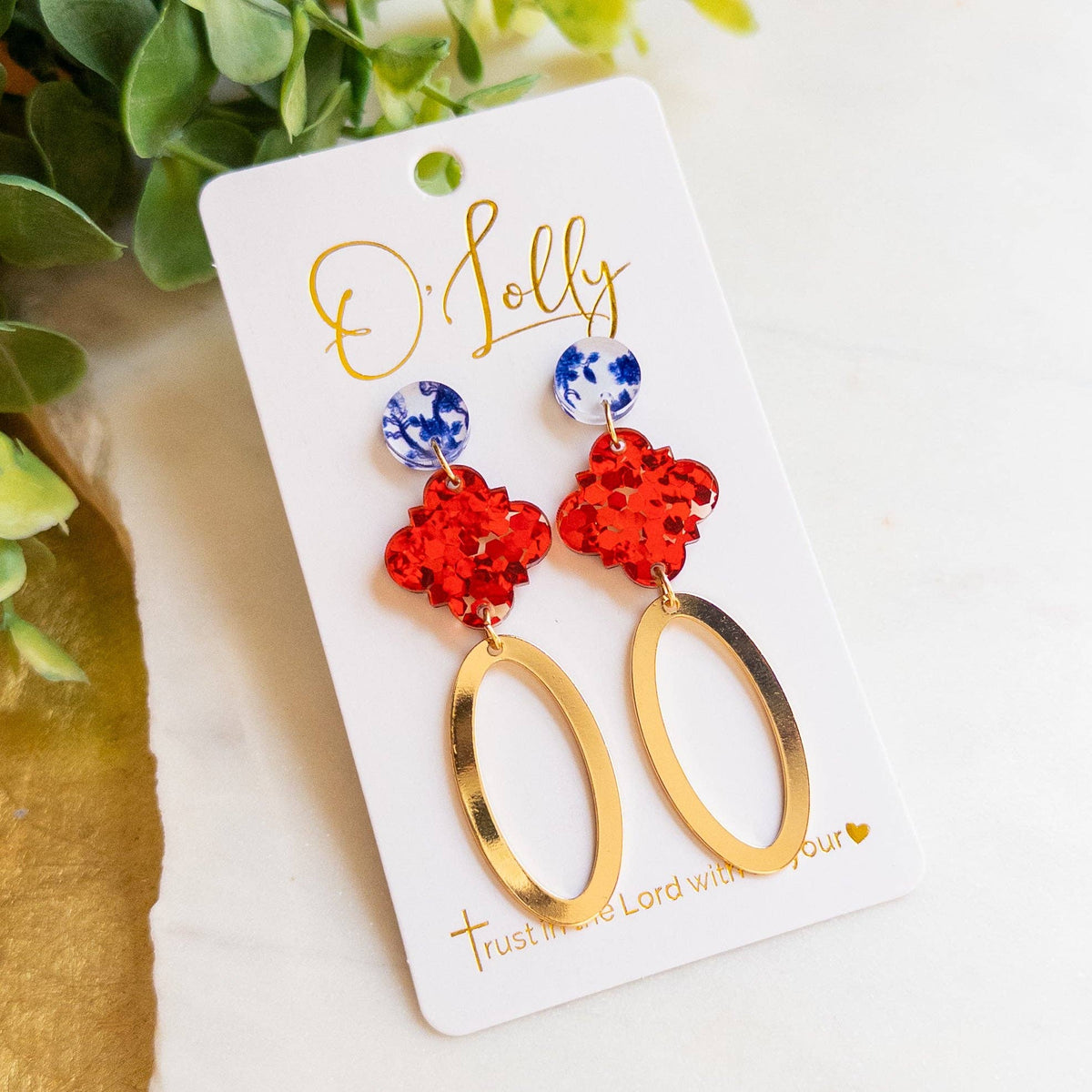 Red Glitter & Blue Floral w/Open Gold Oval Earrings