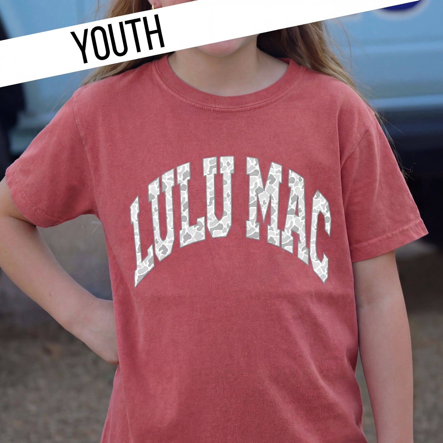 Lulu Mac Camo Crimson Youth Comfort Colors Tee
