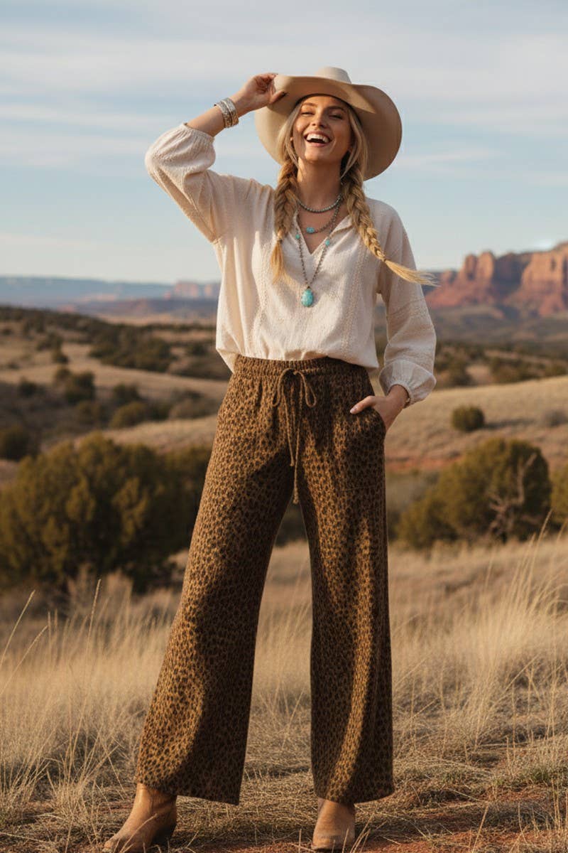 Leopard Wide Leg Drawstring Pants