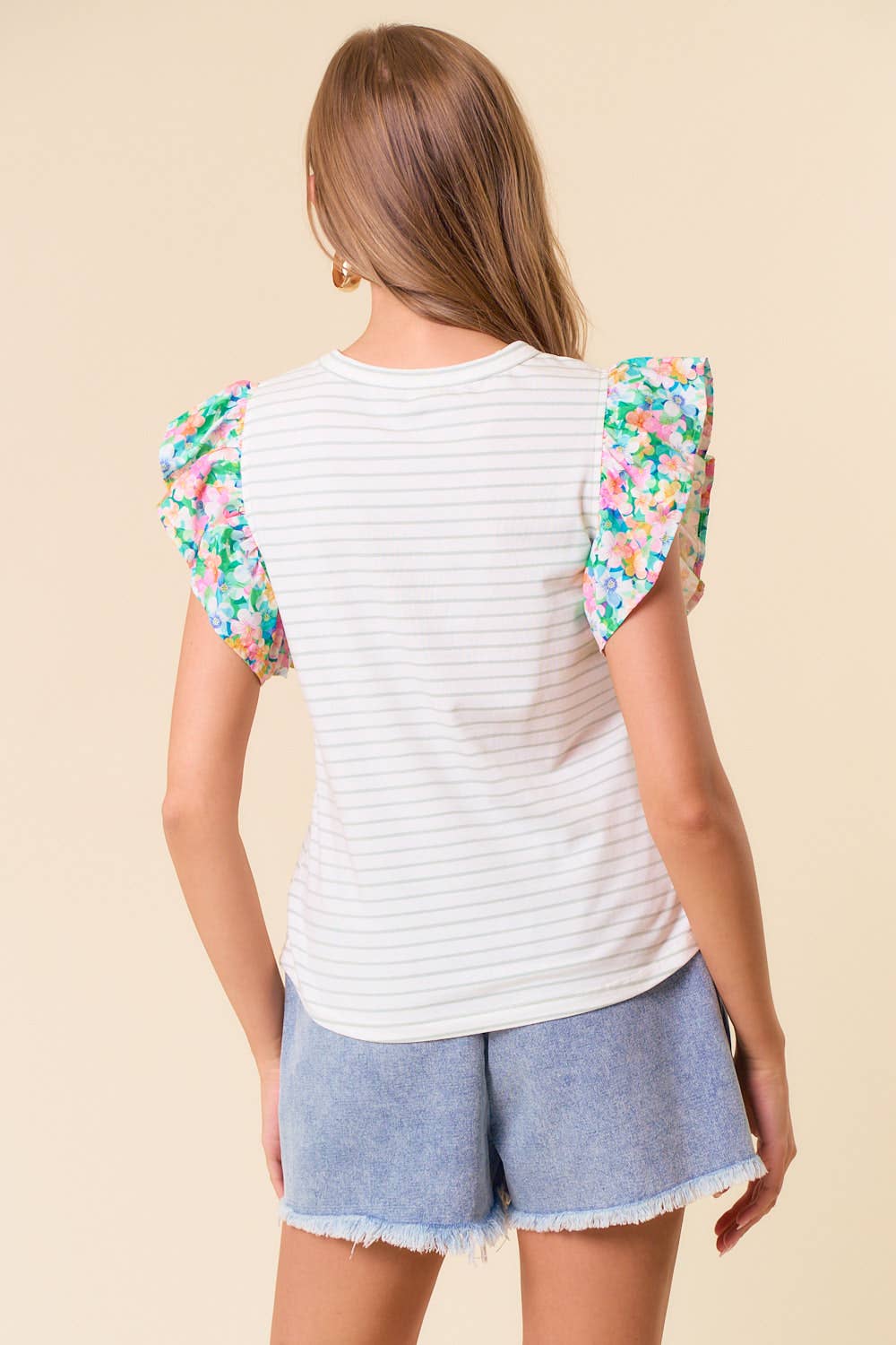 Daphne Ruffle Cap Sleeve Stripe & Floral Mixed Top