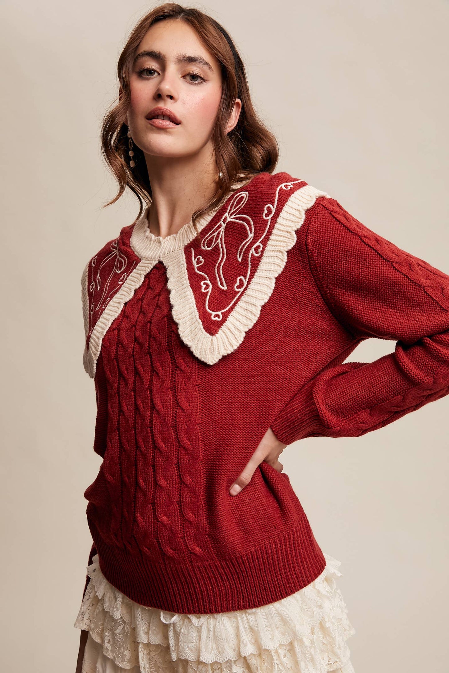 Bow Embroidered Cable Sweater