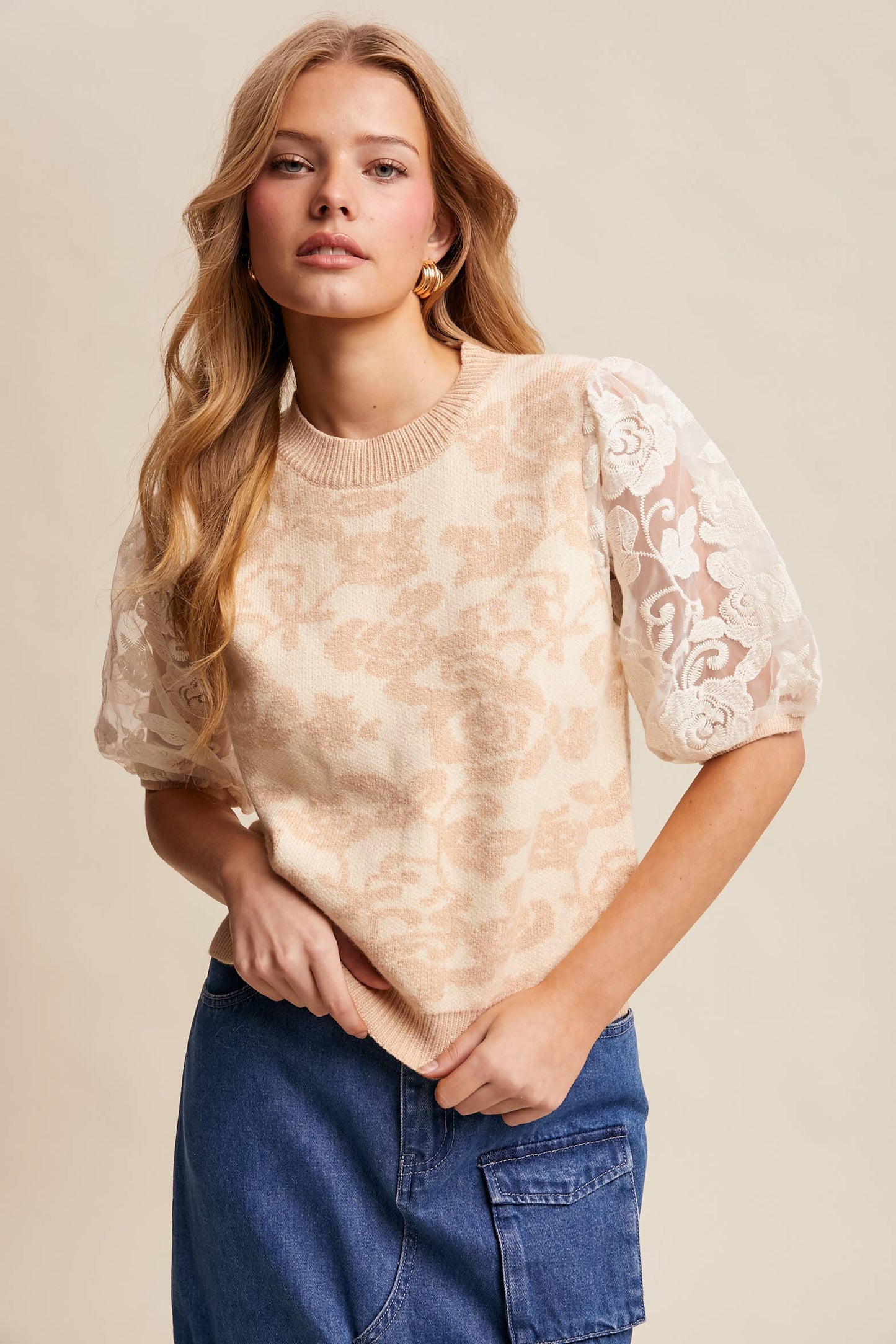 Rose Embroidered Contrast Knit Top