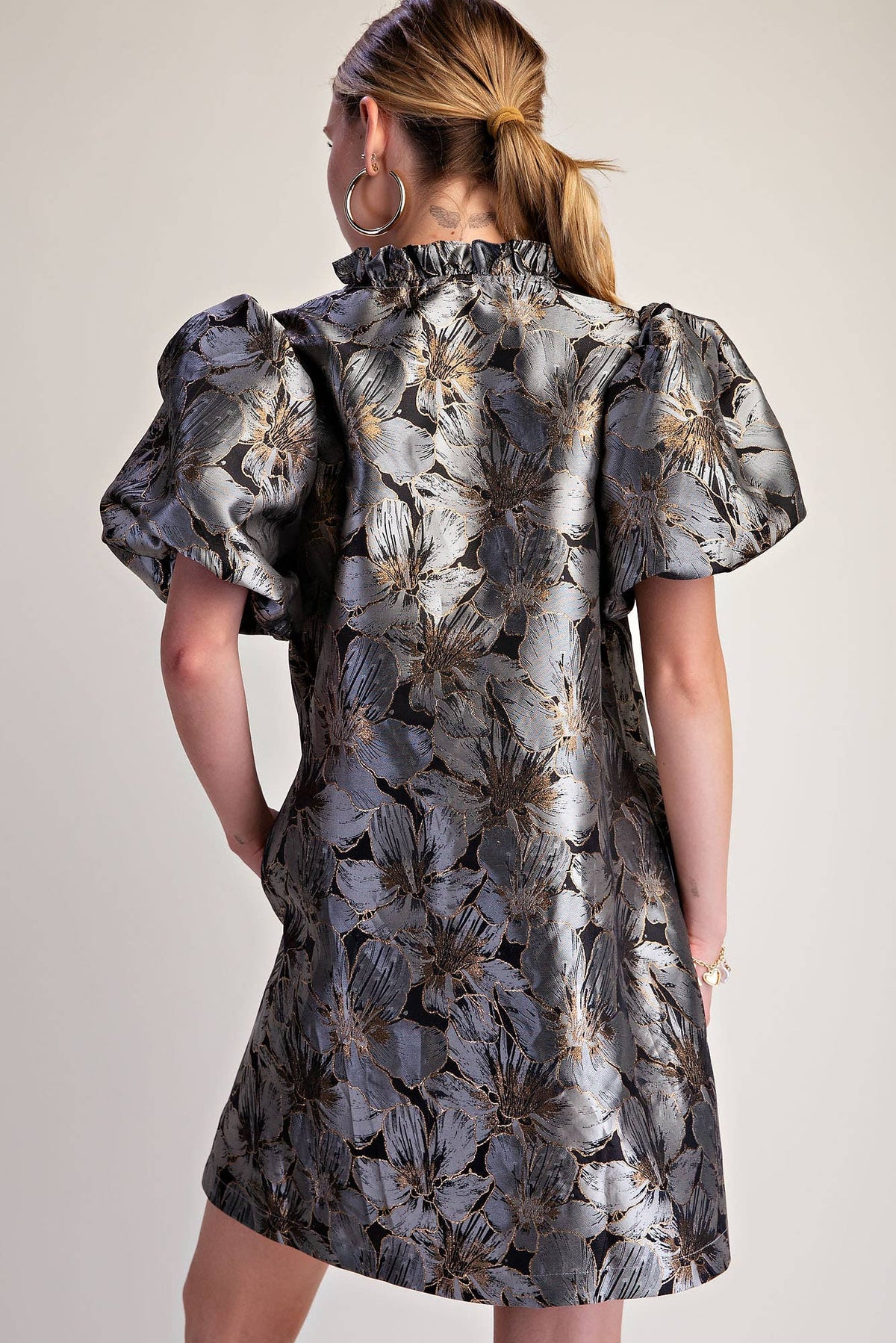 Metallic Jacquard Puff Sleeve Mini Dress