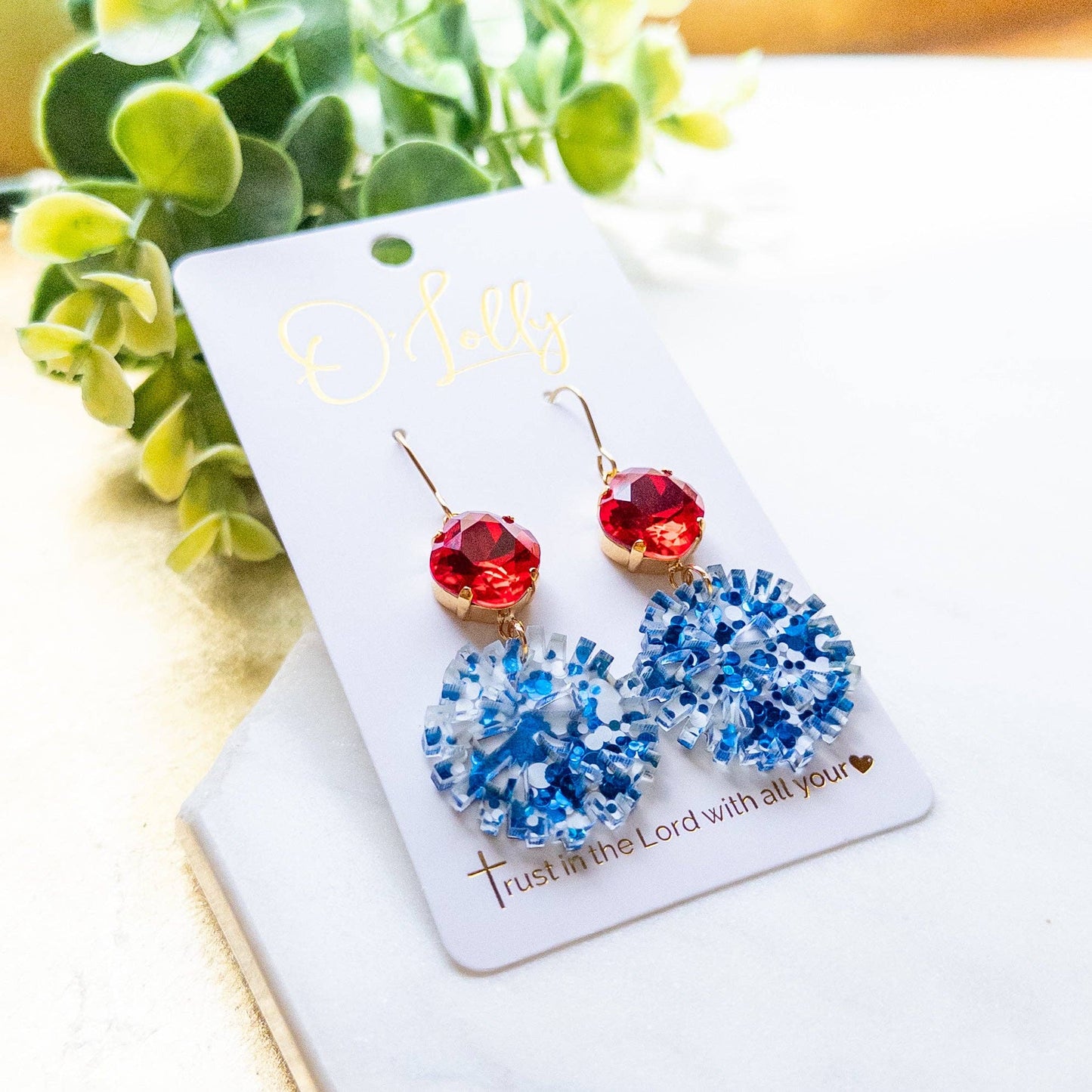 Red & Blue Pom Pom Earrings