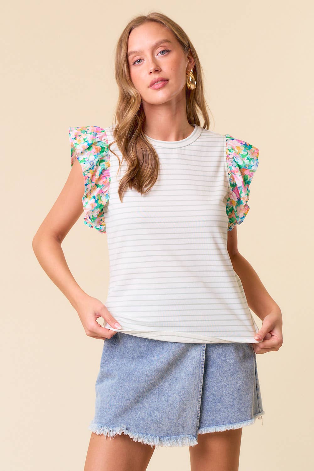 Daphne Ruffle Cap Sleeve Stripe & Floral Mixed Top