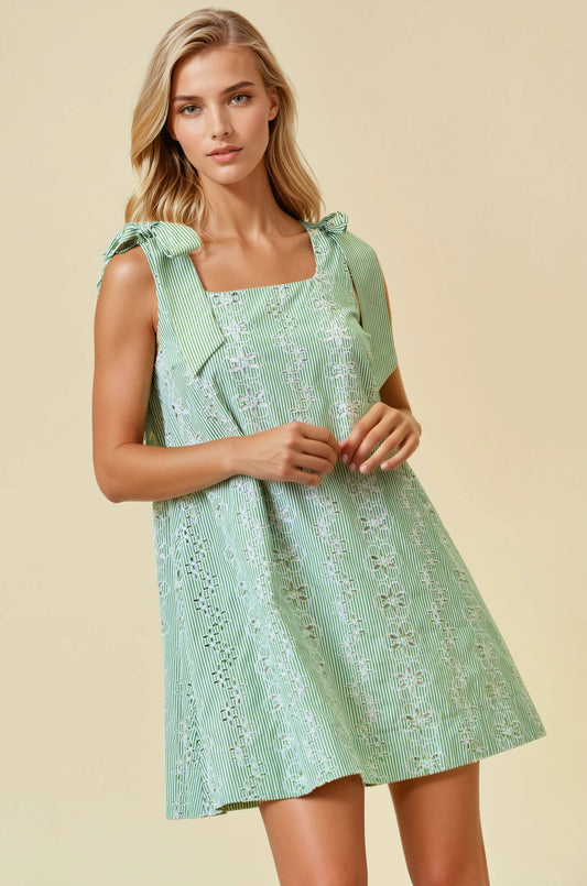 Jenna Striped Eyelet Tie Shoulder Dress