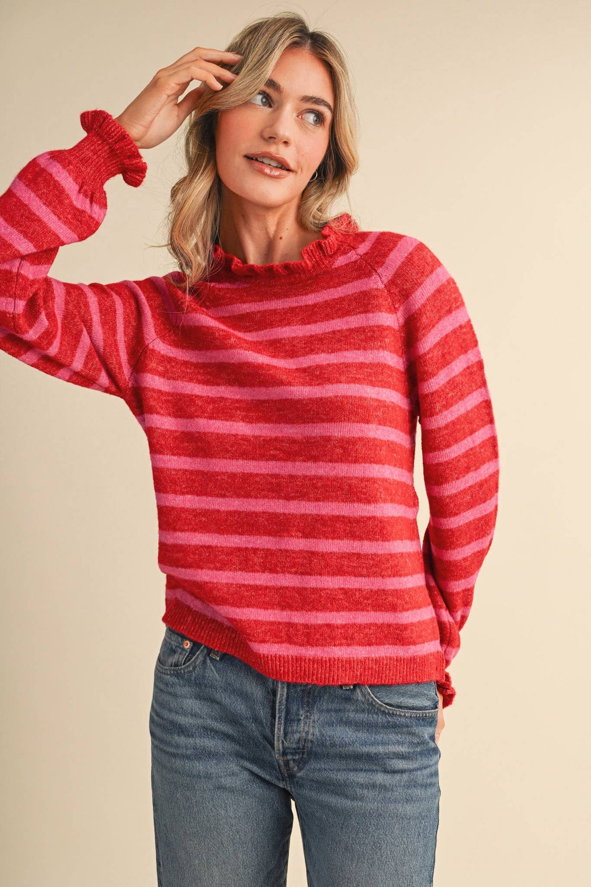 Mandy Ruffled Neck Striped Sweater
