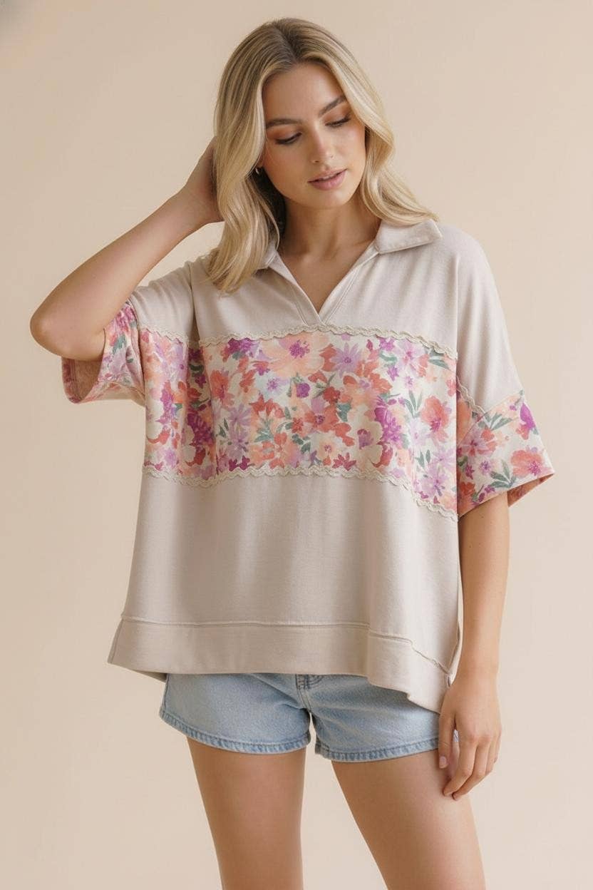 Floral Color Block Ric Rac Plus Top