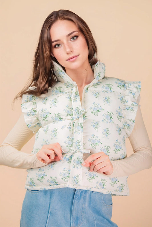 Floral Bow Ruffle Sleeve Puffer Vest