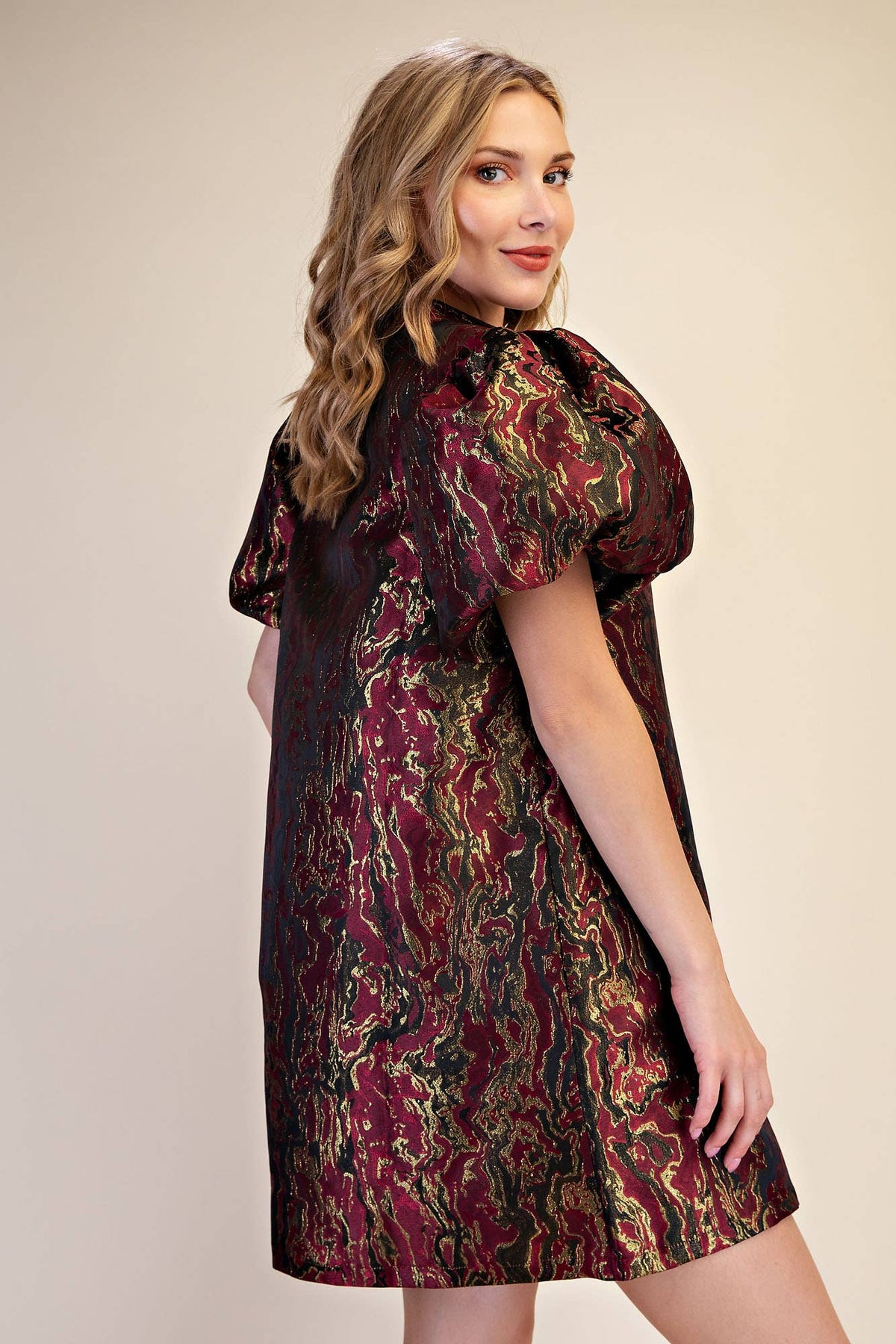 Metallic Jacquard Puff Sleeve Dress