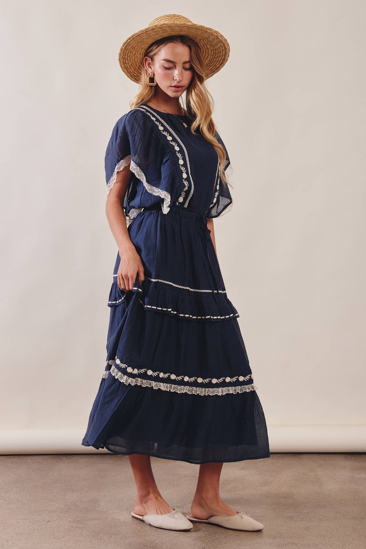 The Lace Trimmed Embroidered Tiered Maxi Skirt