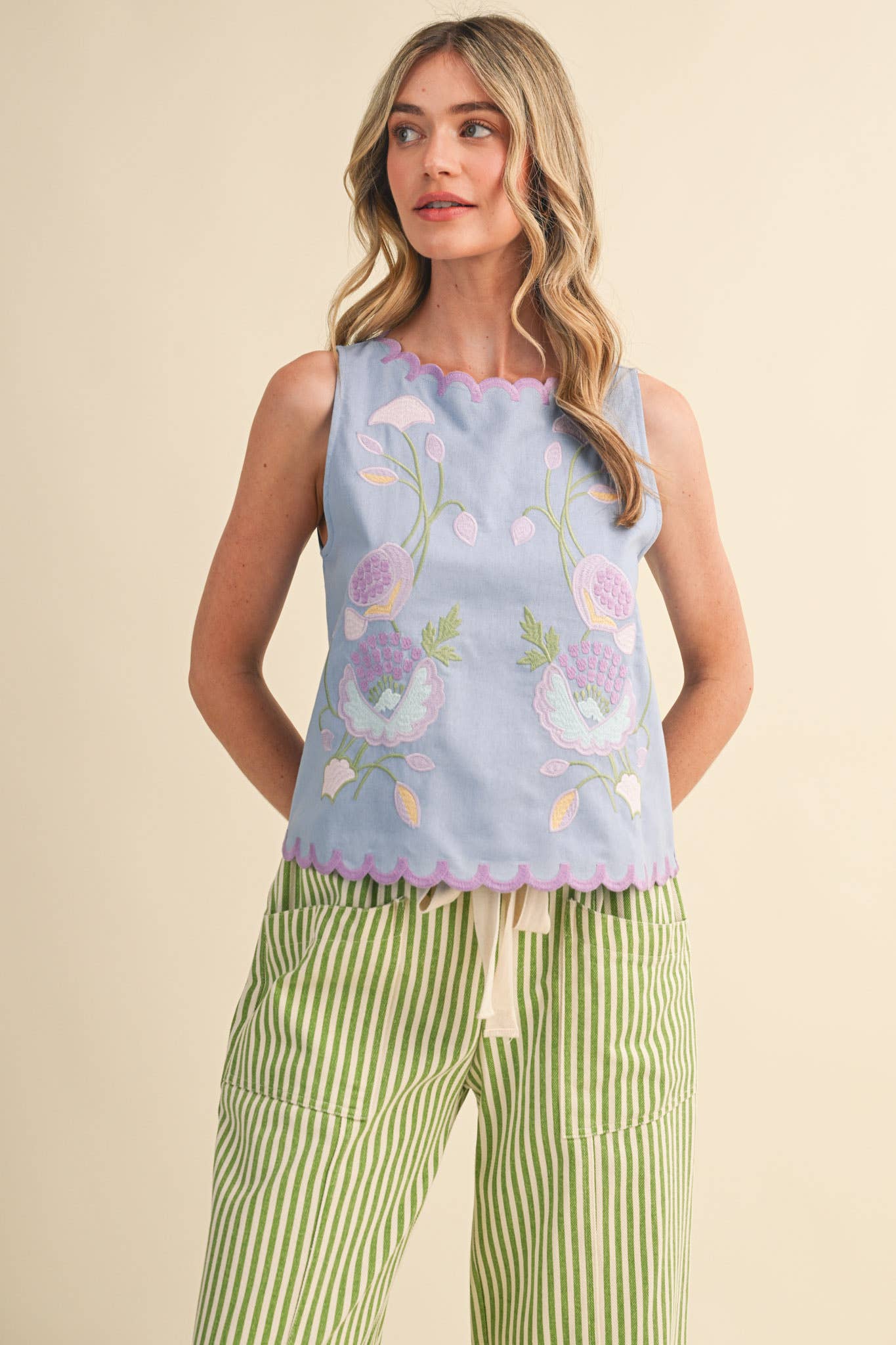 Maddi Floral Embroidery Scalloped Tank