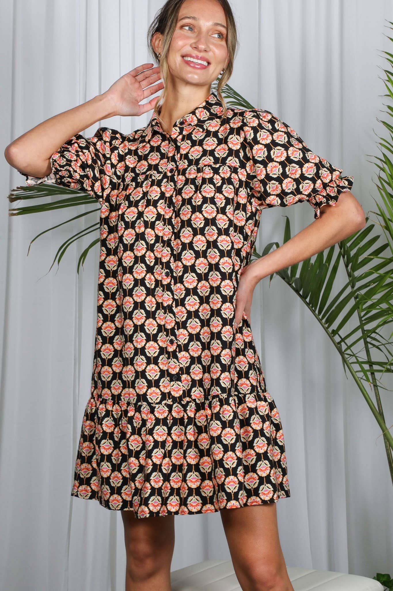 Floral Geo Smocked Ruffled Shirt Dress