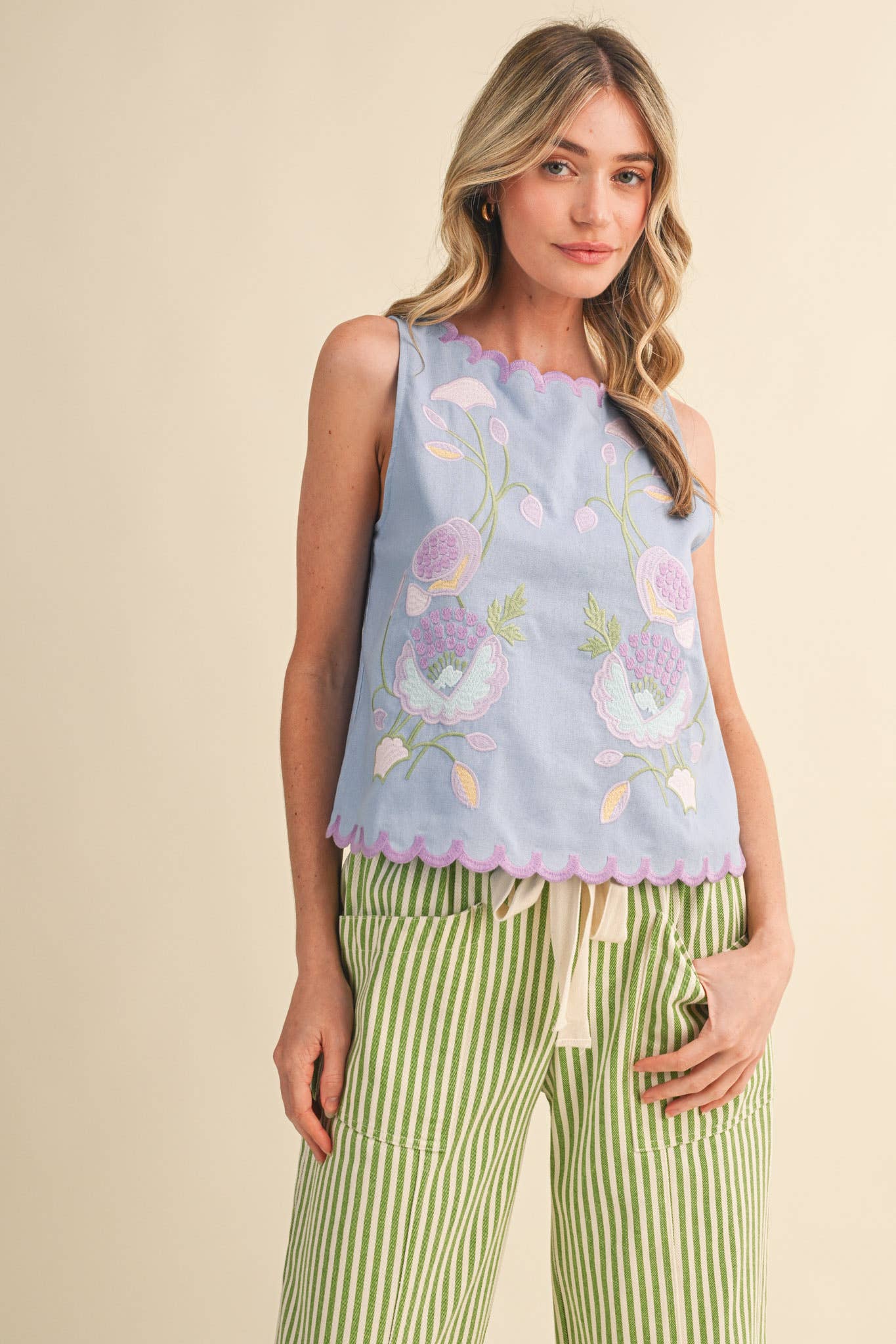 Maddi Floral Embroidery Scalloped Tank
