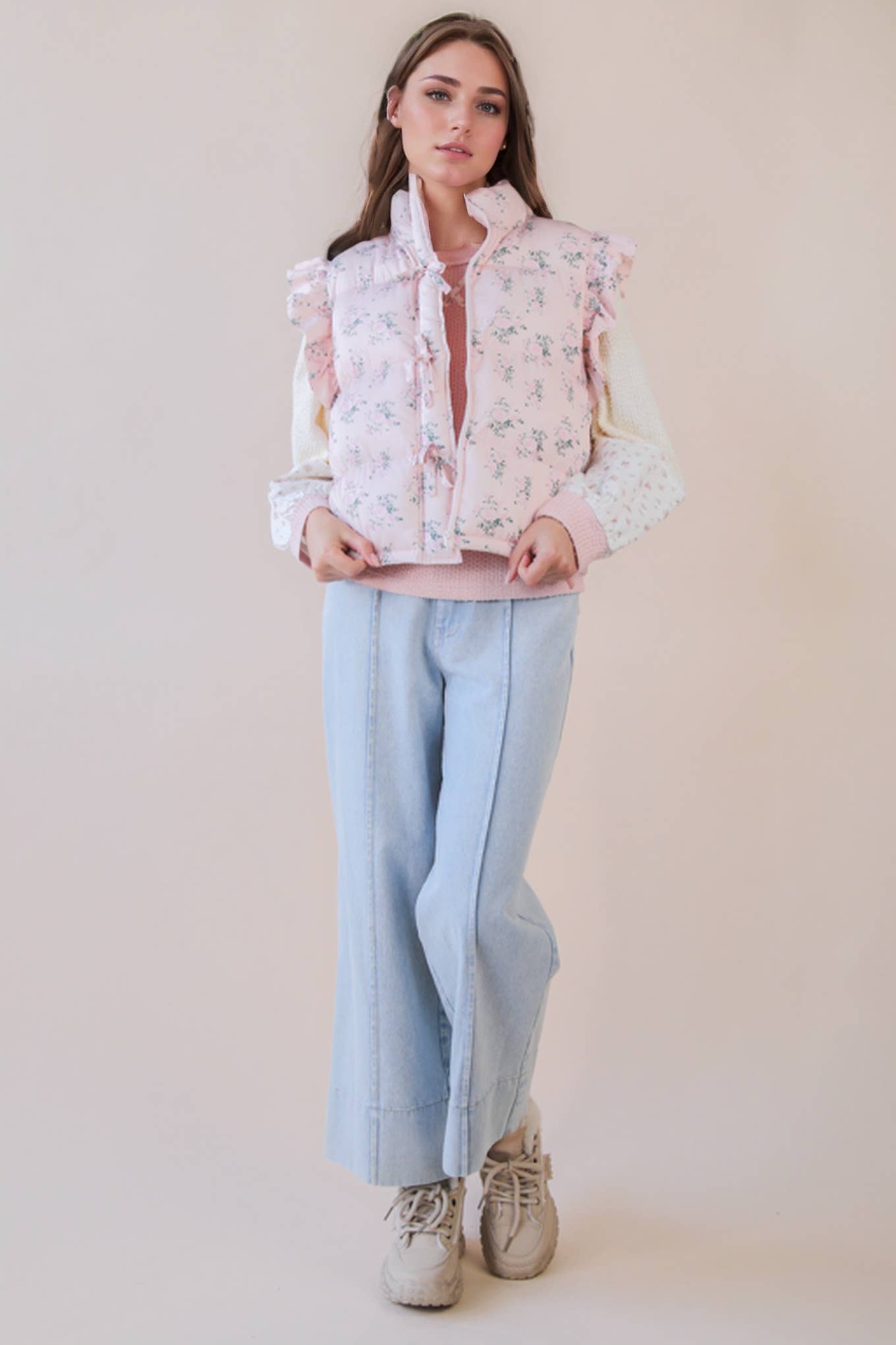 Floral Bow Ruffle Sleeve Puffer Vest