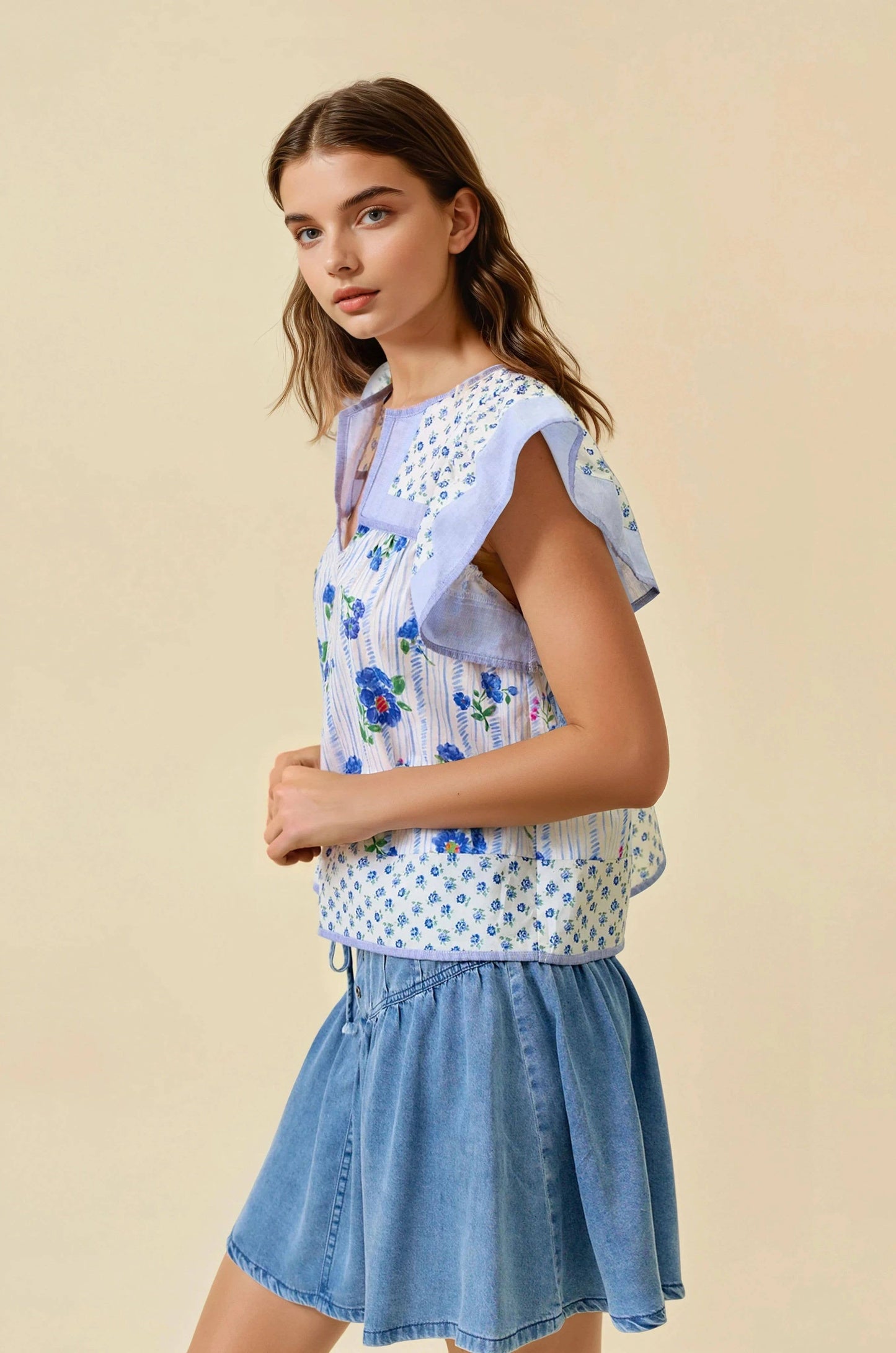 Heidi Mixed Print Flutter Sleeve Top