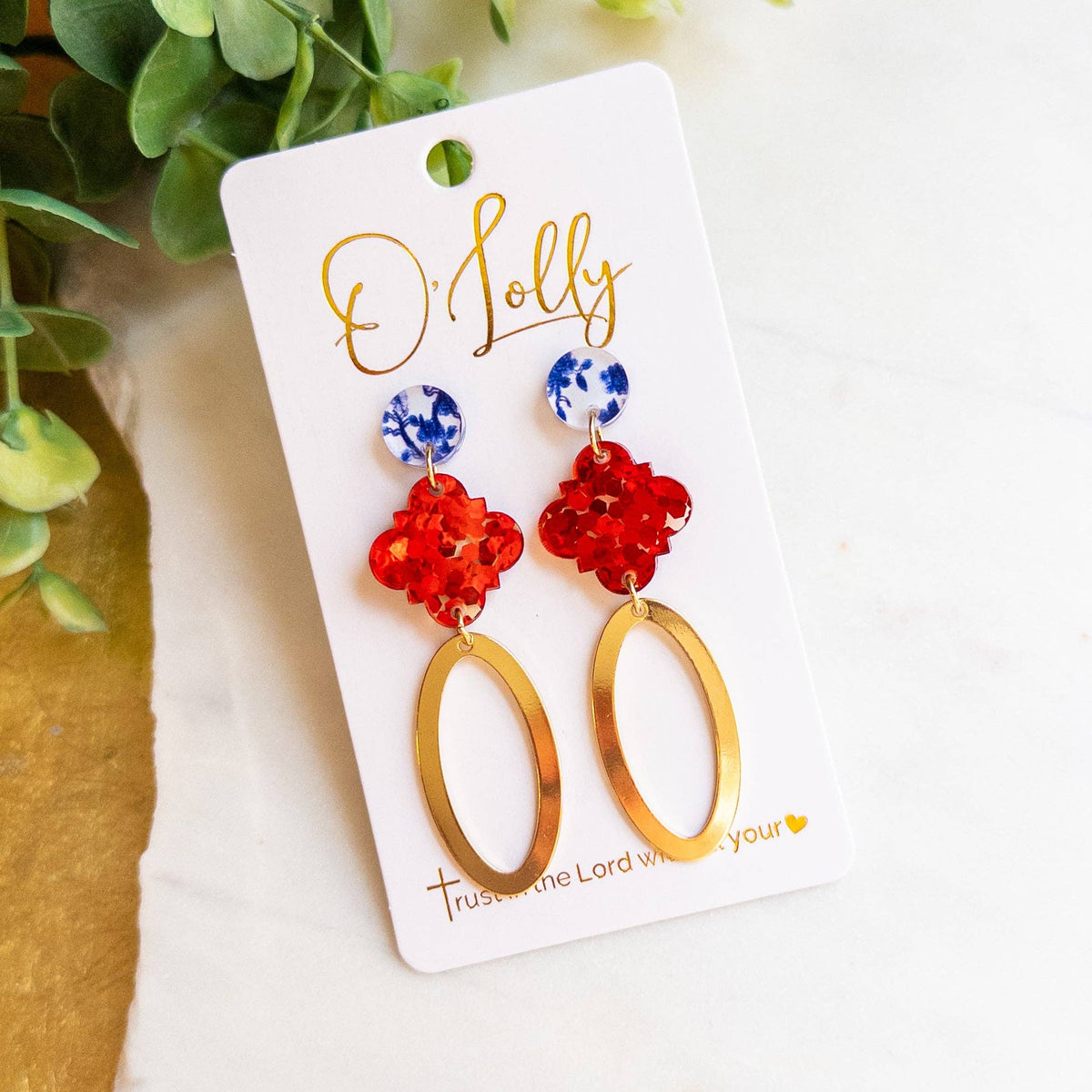 Red Glitter & Blue Floral w/Open Gold Oval Earrings