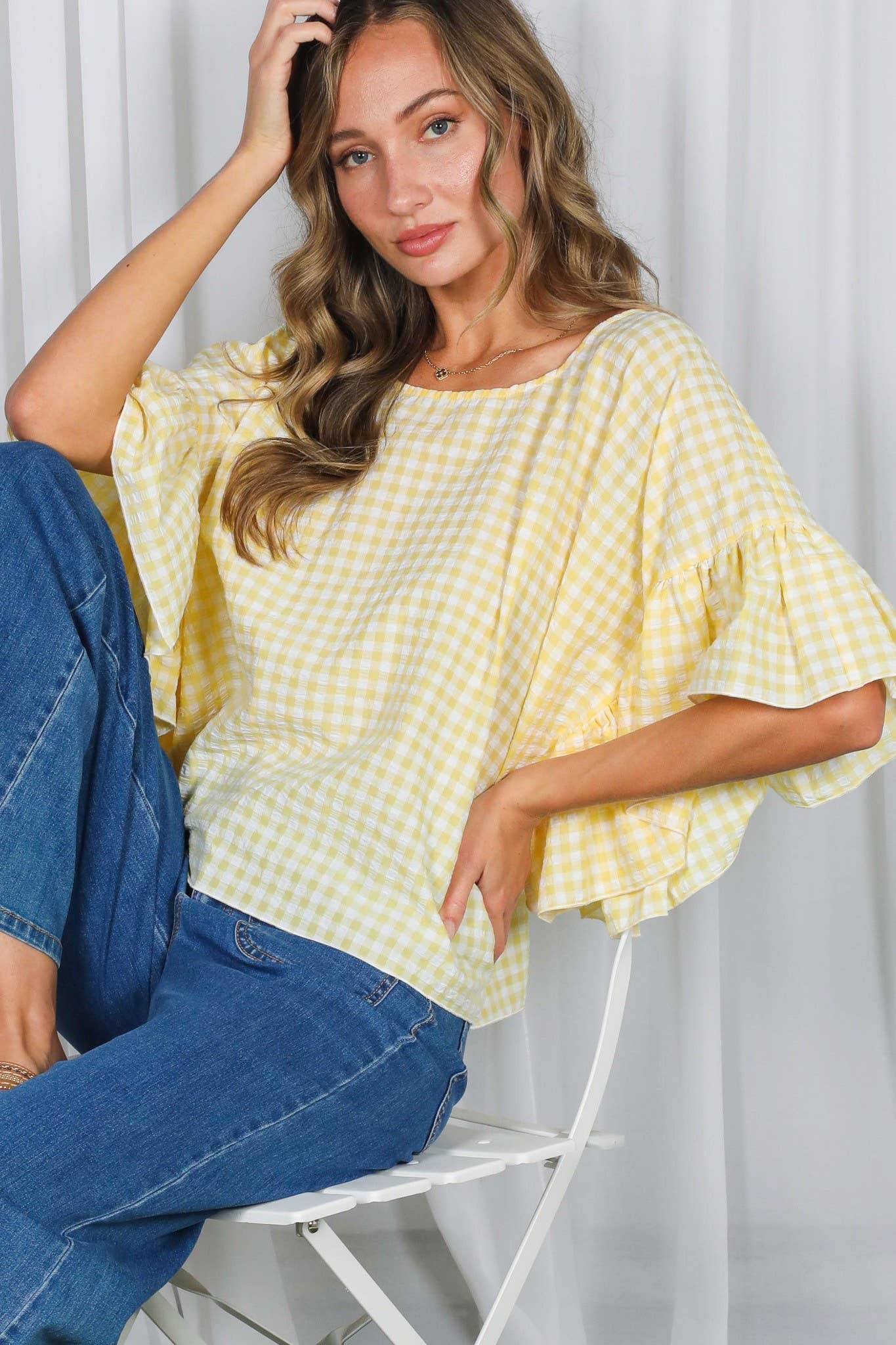 Ruffle Sleeve Flowy Gingham Top