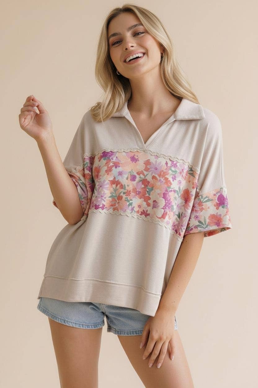 Floral Color Block Ric Rac Plus Top