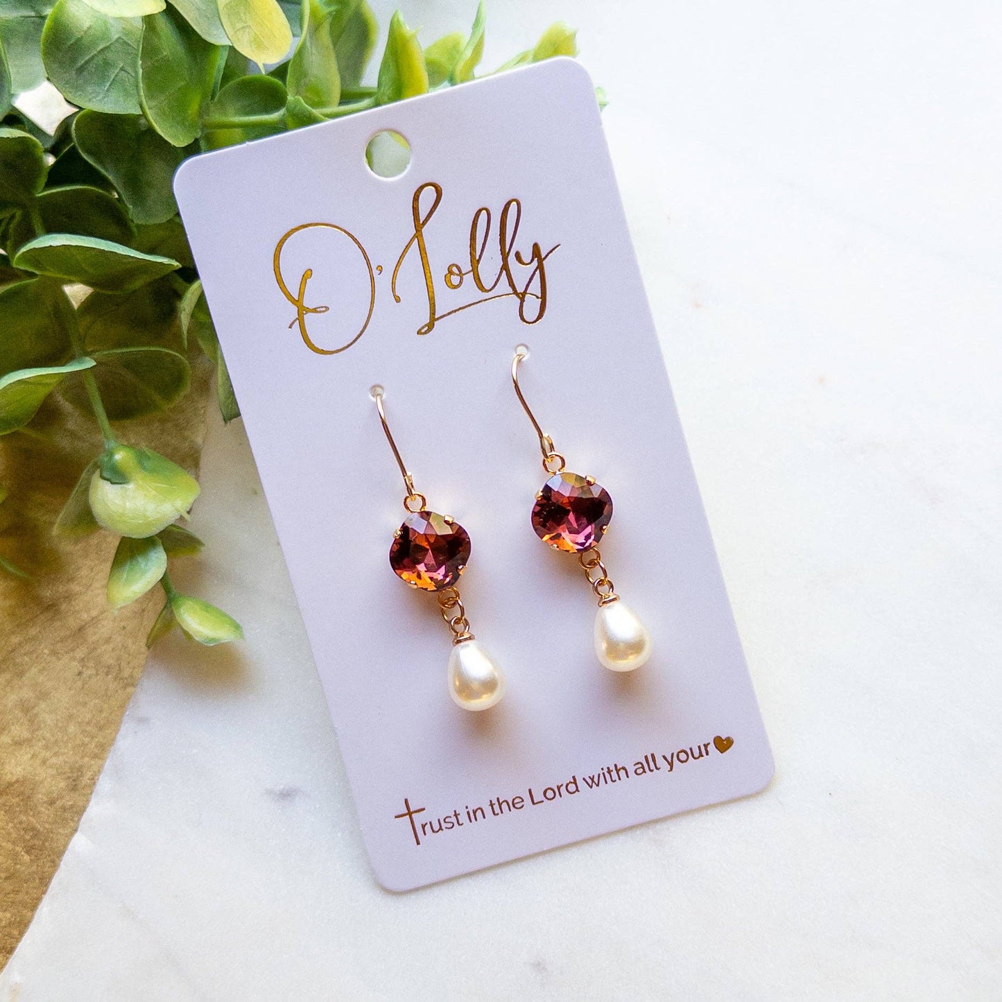 Maroon Crystal Heart & Pearl Drop Earrings
