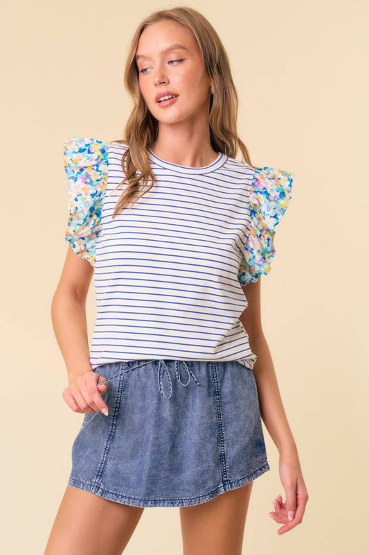 Daphne Ruffle Cap Sleeve Stripe & Floral Mixed Top