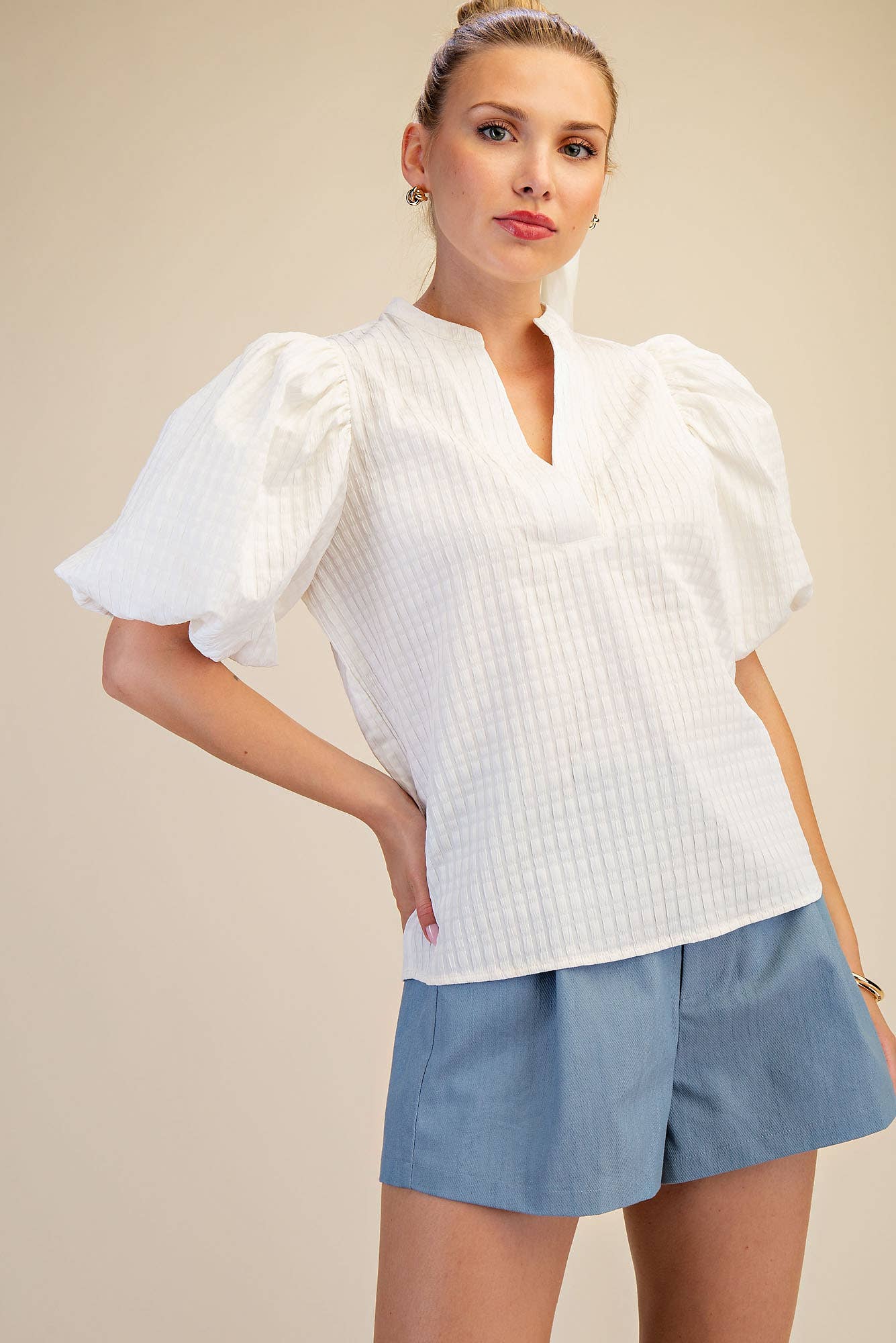 Vanna Split Neck Puff-Sleeve Textured Top