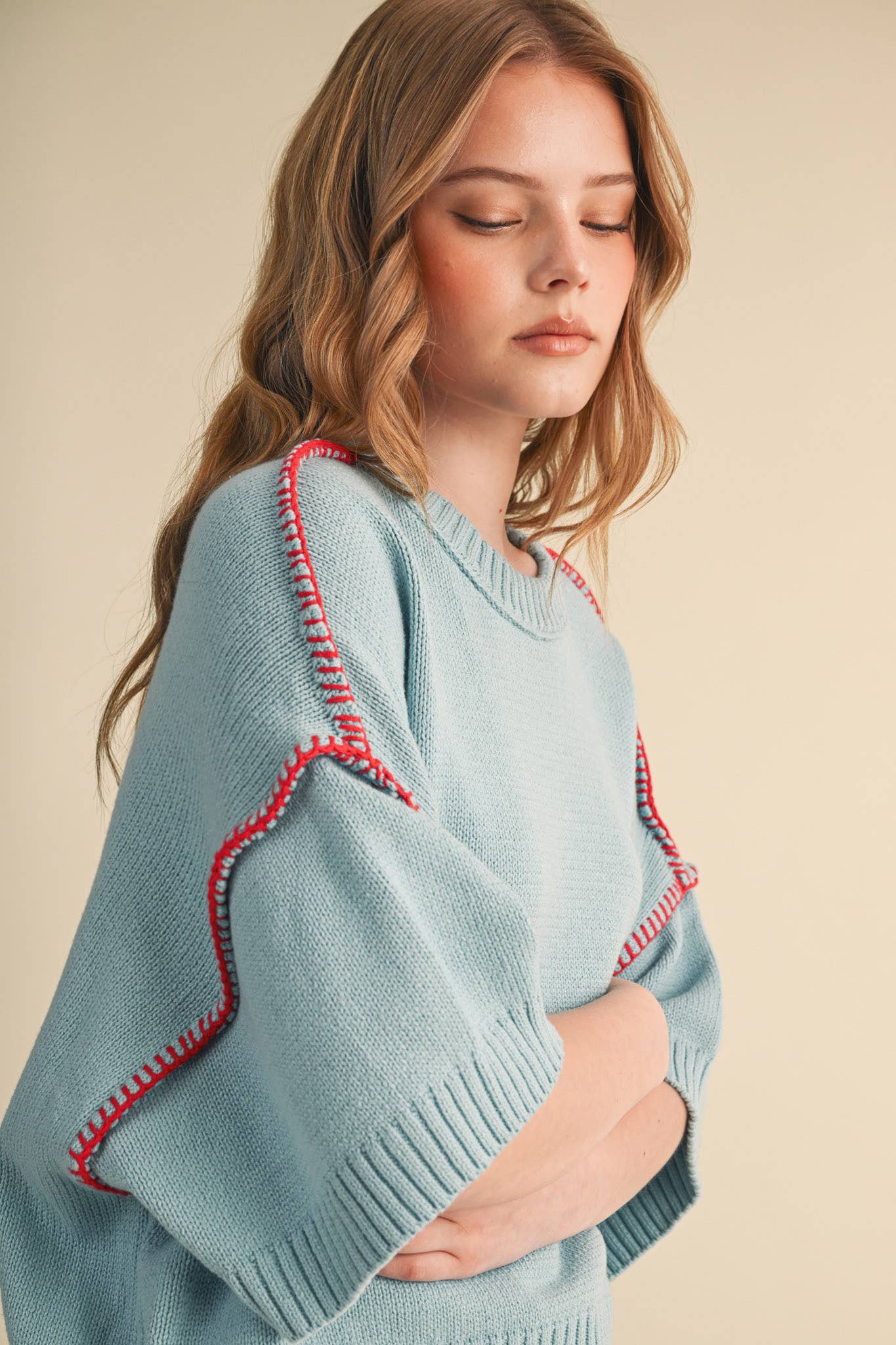 Lori Short Sleeve Blanket Stitch Sweater