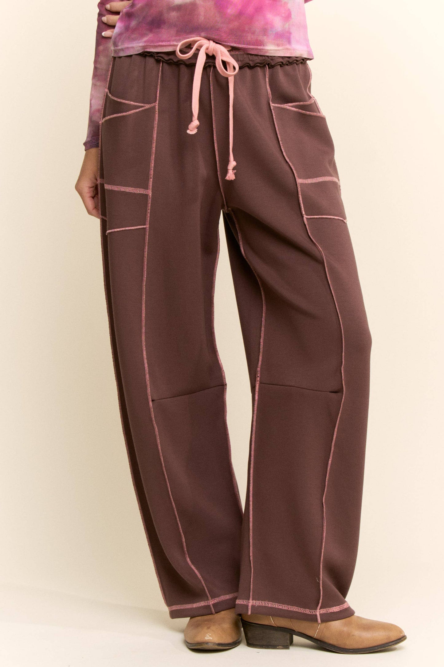 Mocha with Pink Trim Barrel Pants
