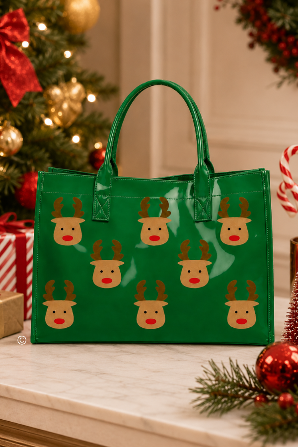 Oh Deer! Christmas is Here! Green Vinyl Tote Bag
