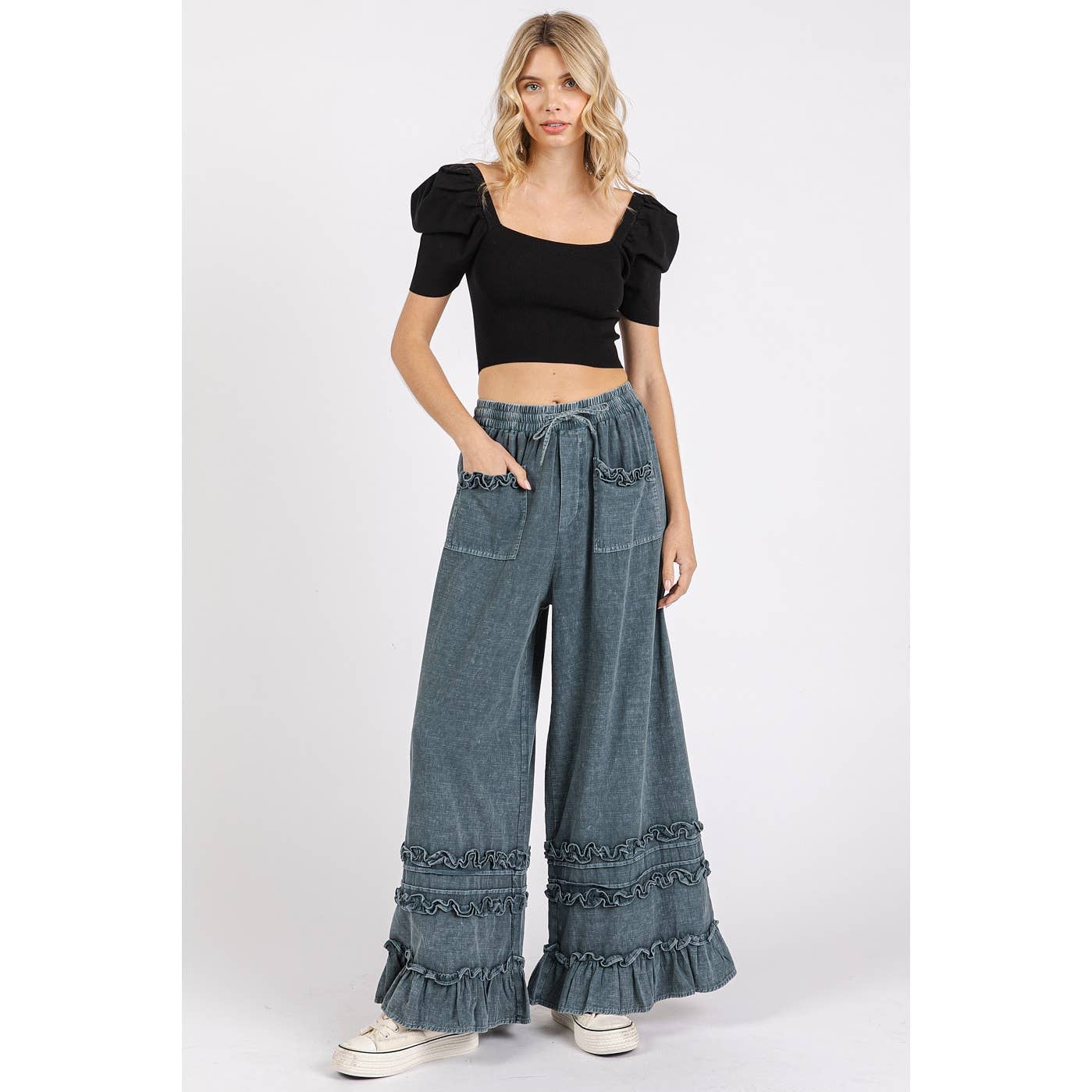 Ruffle Trim Wide Leg Pant