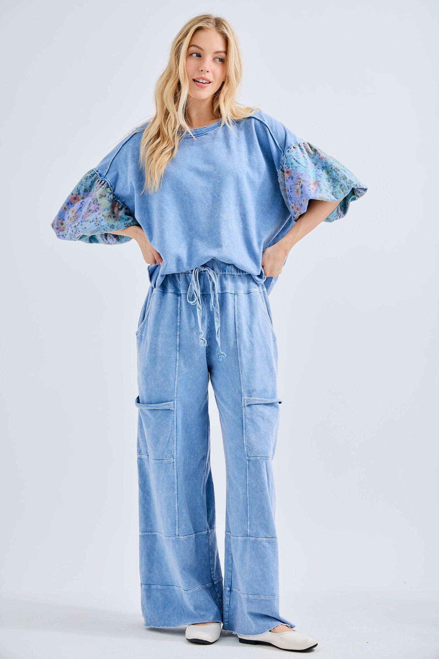 Mineral Washed Boho Patch Sleeve Top