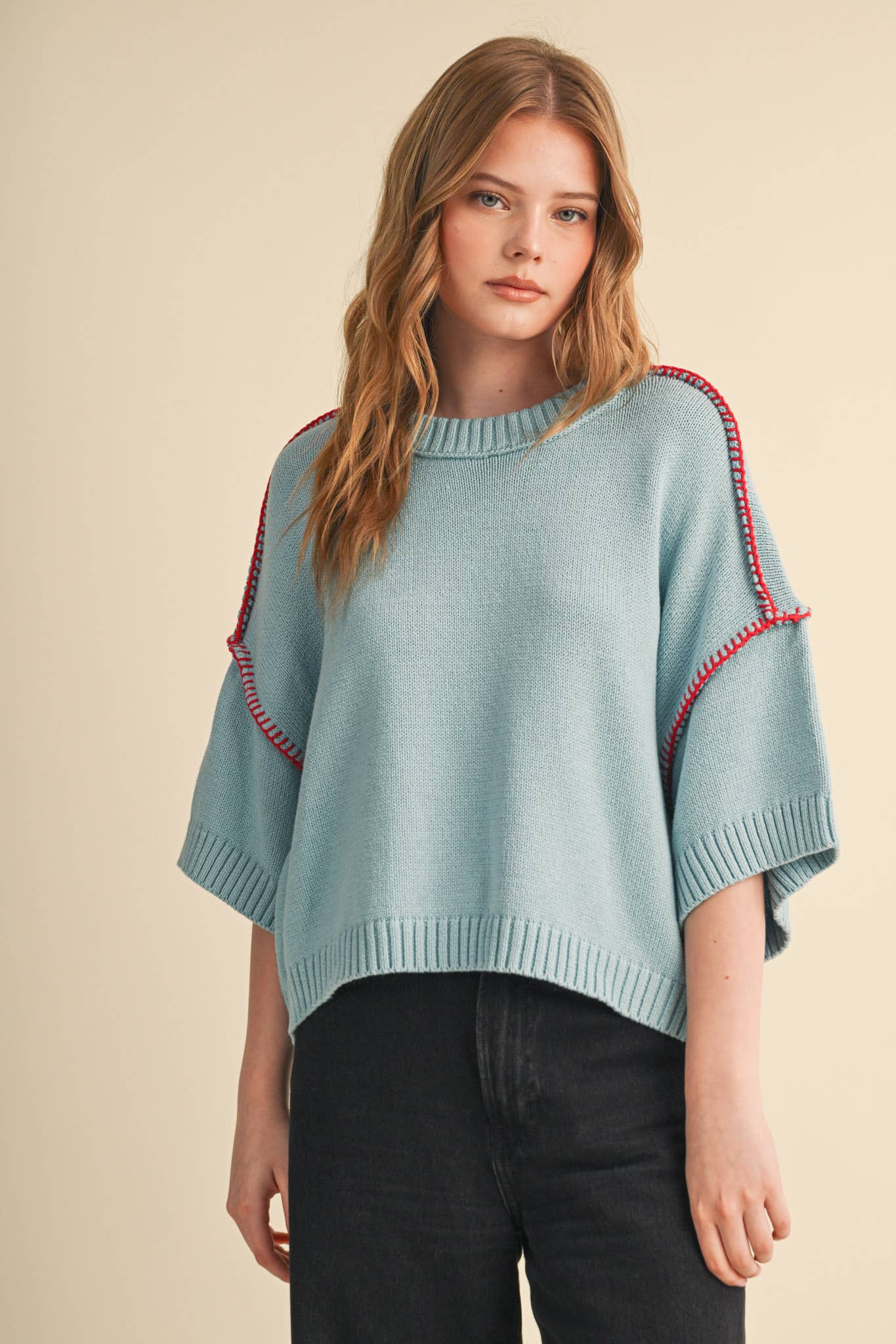 Lori Short Sleeve Blanket Stitch Sweater