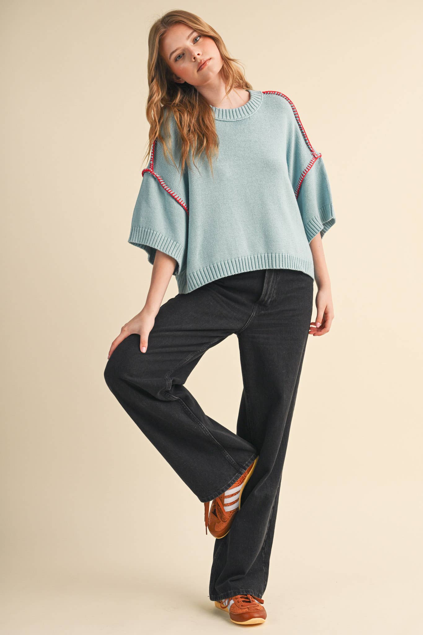 Lori Short Sleeve Blanket Stitch Sweater