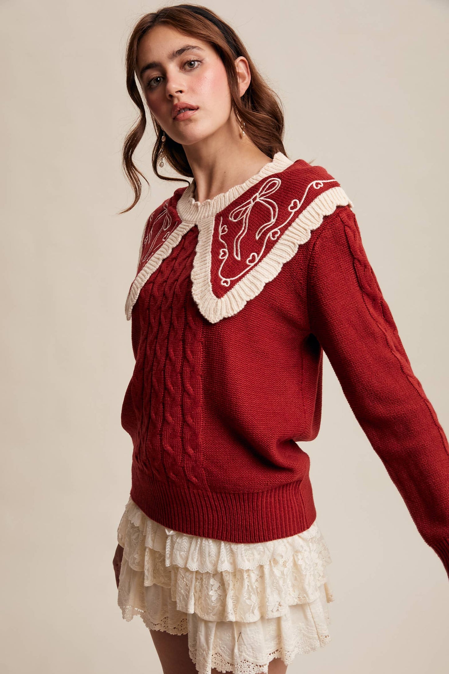 Bow Embroidered Cable Sweater