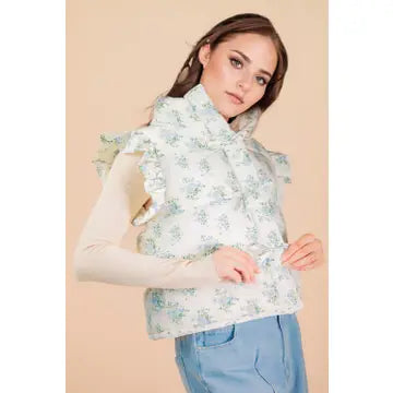 Floral Bow Ruffle Sleeve Puffer Vest