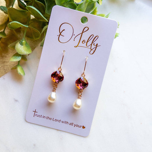Maroon Crystal Heart & Pearl Drop Earrings