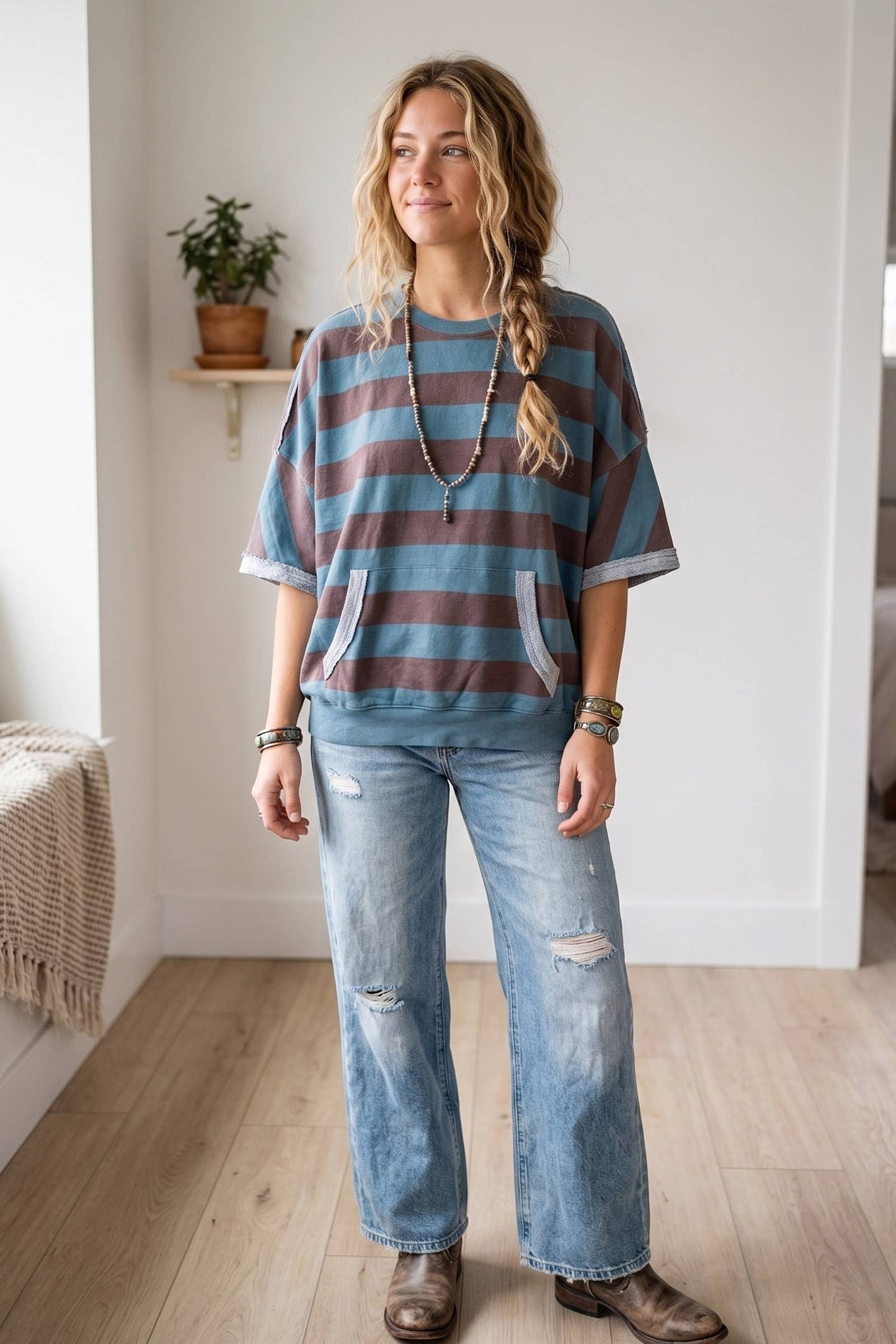 Oversized Stripe Terry Sweatshirt Top