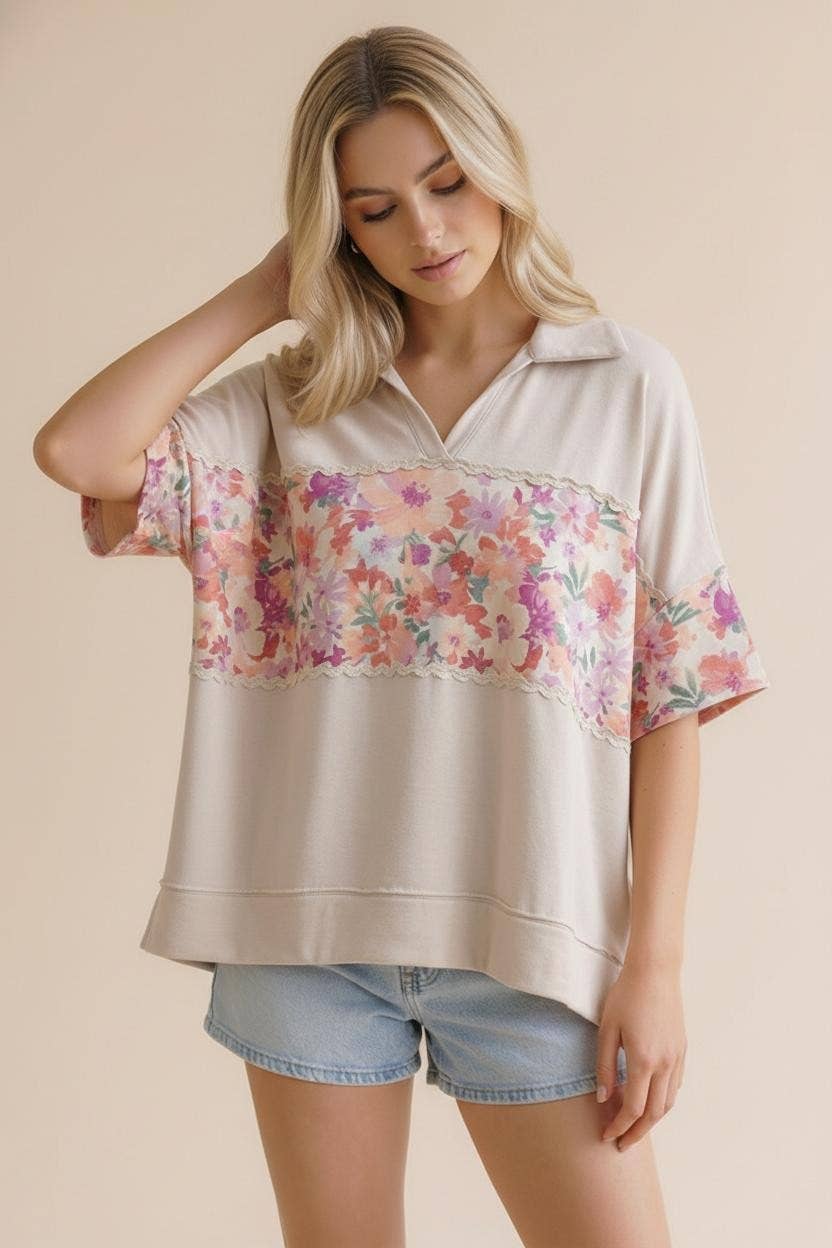 Floral Color Block Ric Rac Plus Top