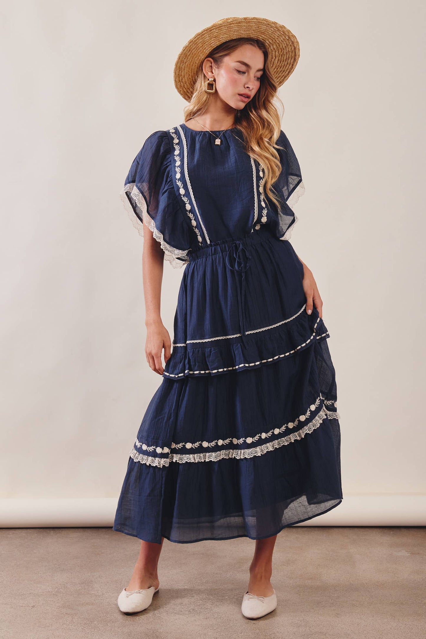 The Lace Trimmed Embroidered Tiered Maxi Skirt