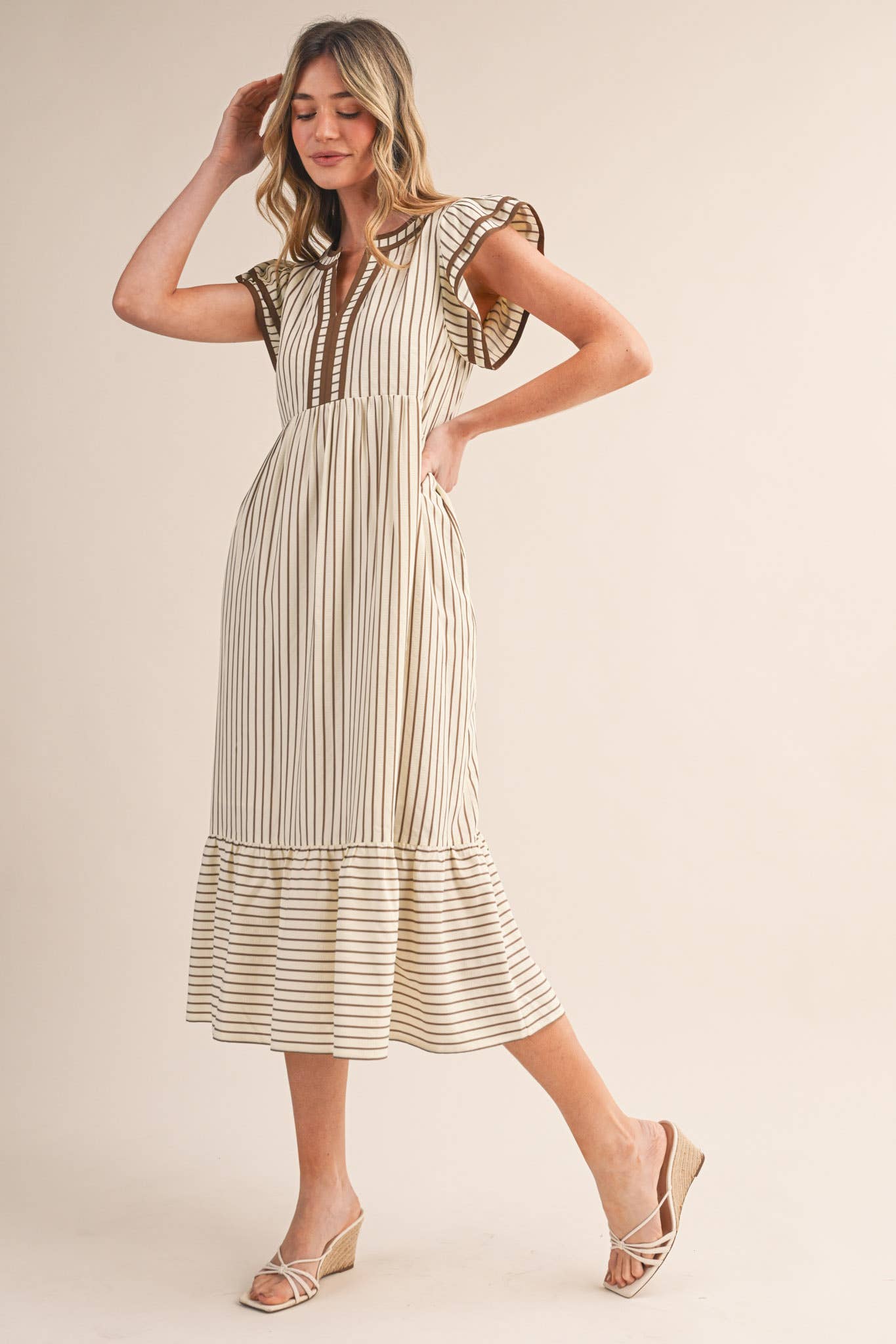 Maddi Striped Flutter Sleeve Midi