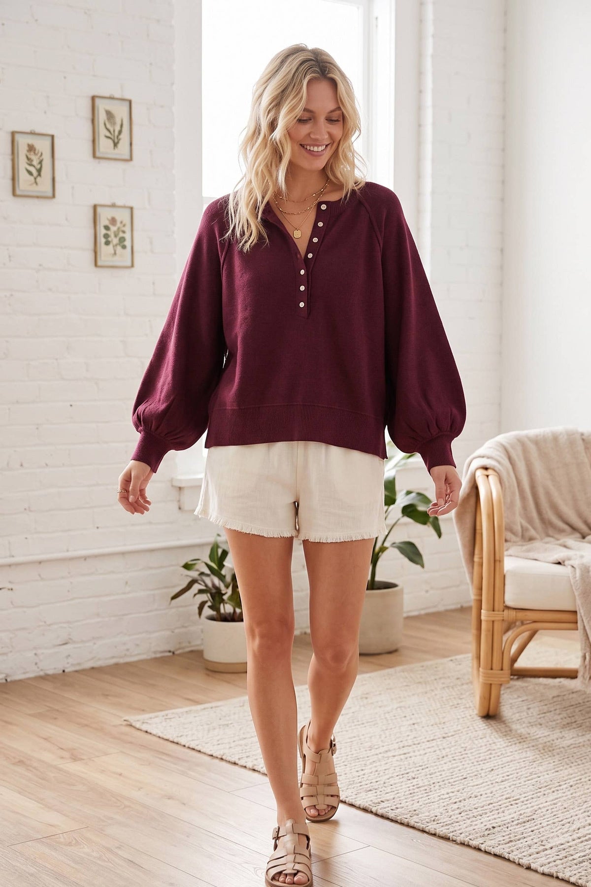 Henley Balloon Sleeve Sweater