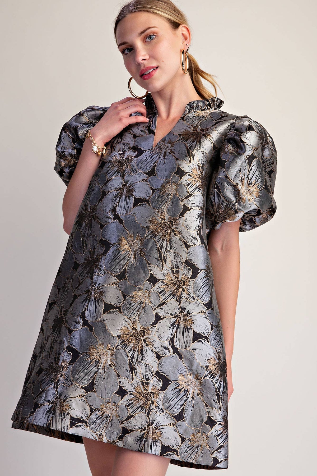 Metallic Jacquard Puff Sleeve Mini Dress