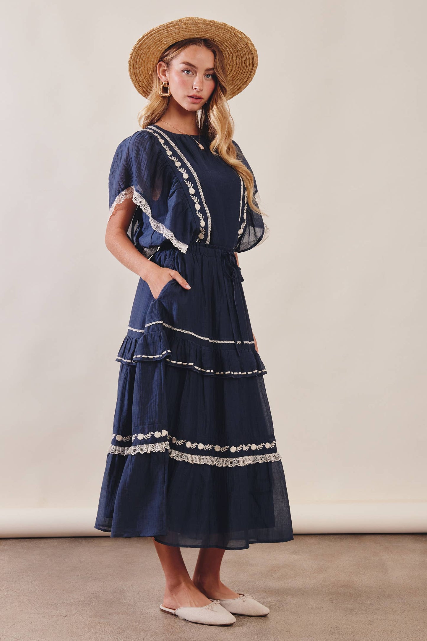 The Lace Trimmed Embroidered Tiered Maxi Skirt