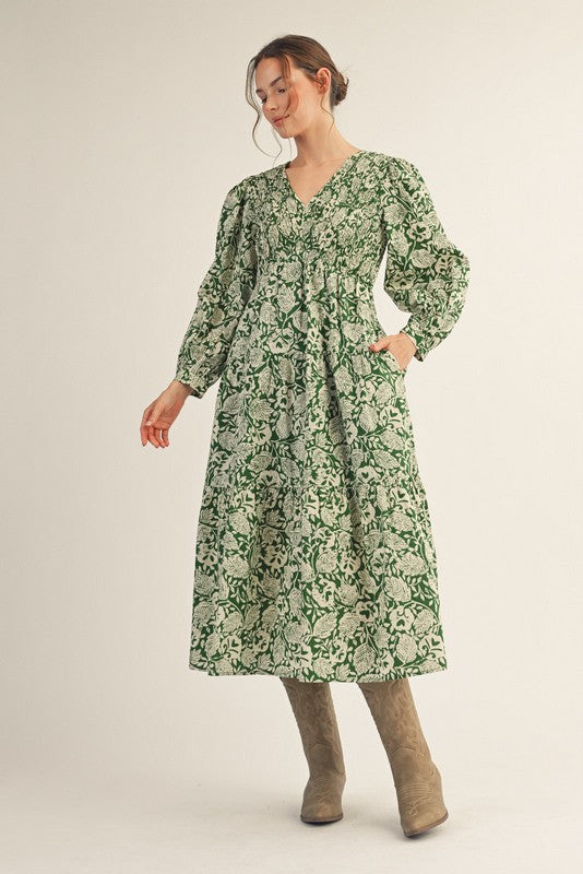 Smocked Floral Leaf Midi Dress