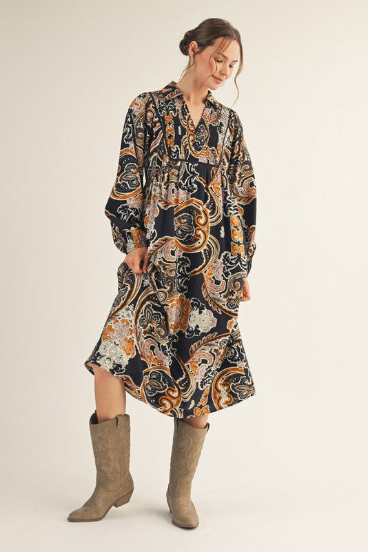 Smocked Boho Paisley Midi Dress