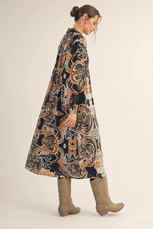 Smocked Boho Paisley Midi Dress