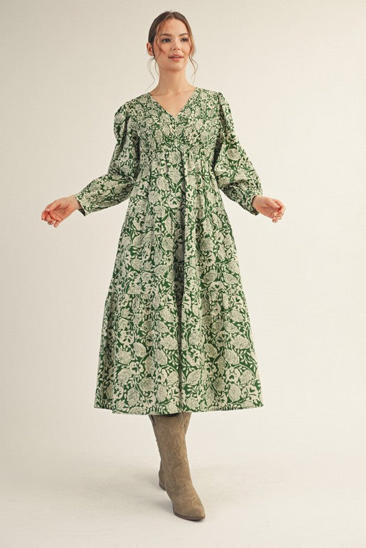Smocked Floral Leaf Midi Dress